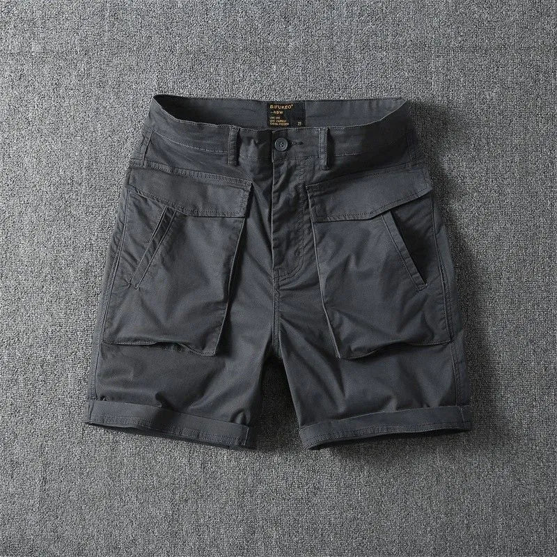 Men's stretch cotton cargo shorts in army green, showing multiple pockets and straight-leg short cut.
