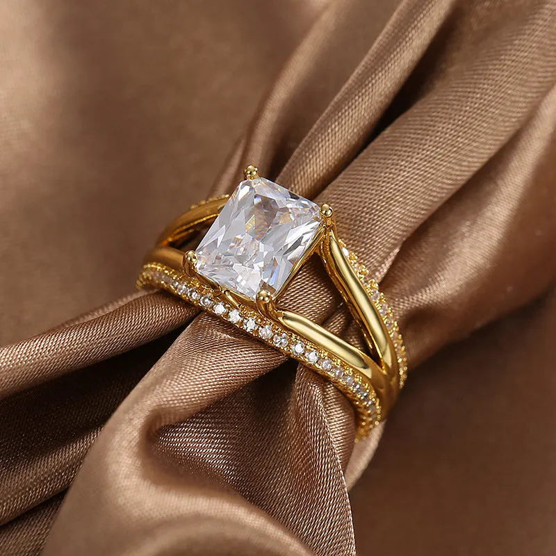 Gold geometric women's ring with square zircon stone in European sizes 6 to 9