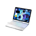 Silver rotating Bluetooth keyboard with backlit keys next to an iPad.