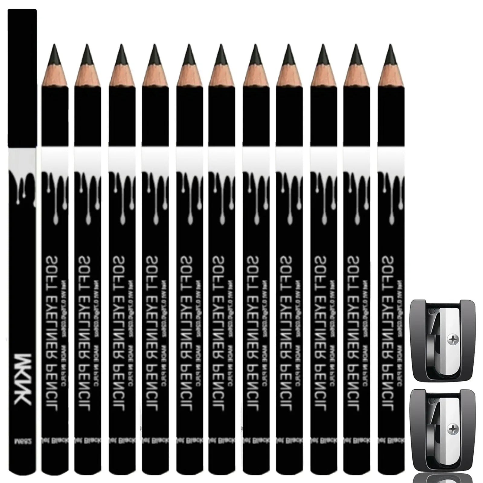 12-piece waterproof white and black eyeliner pencil set with sharpener for versatile makeup application