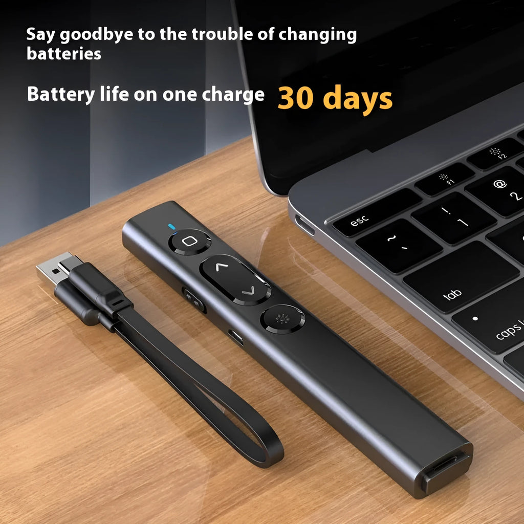 A black remote control pen for presentations with laser pointer and slide advance buttons on a white background.