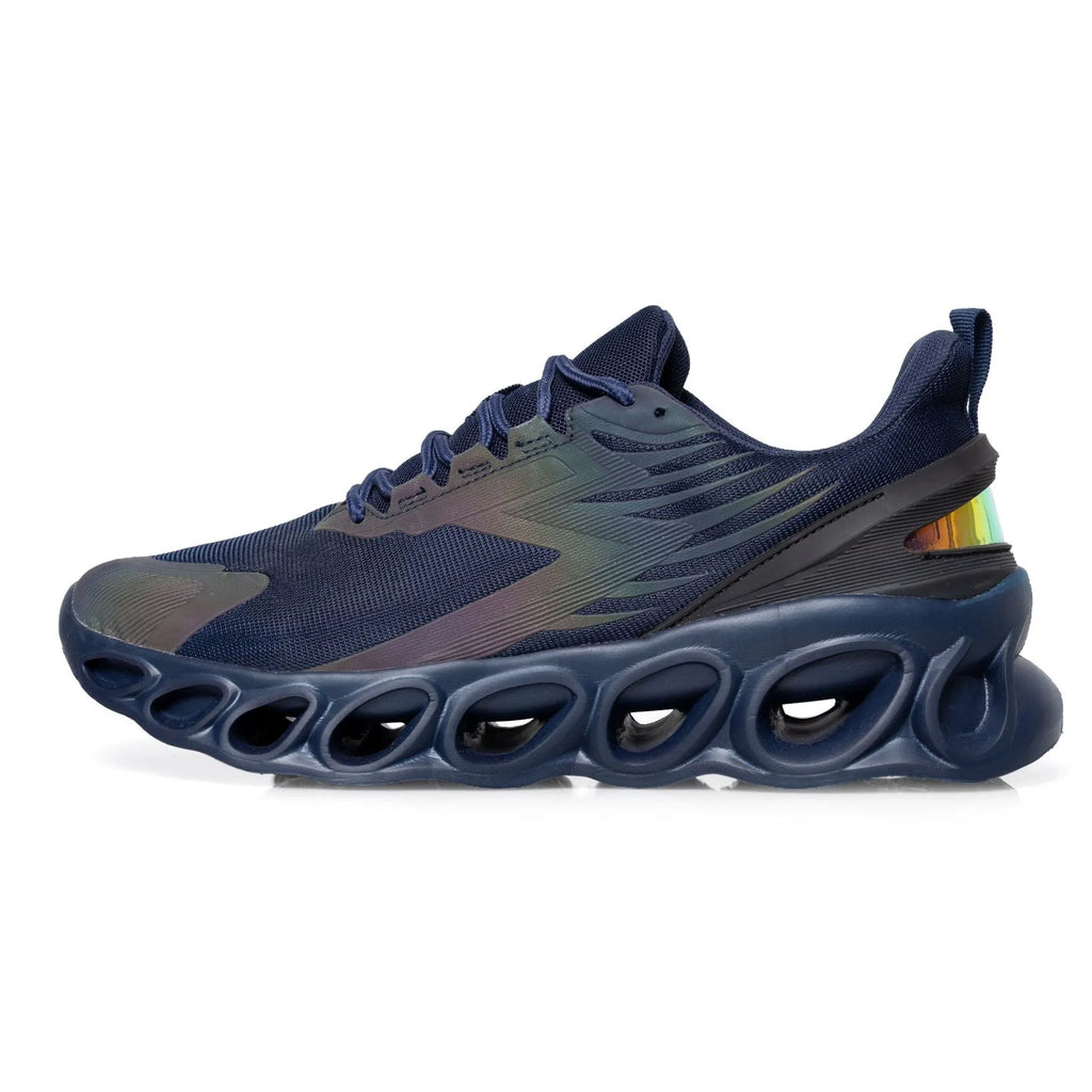 Breathable low-top mesh casual trainers in black on a white background, showing lace-up front and round toe.