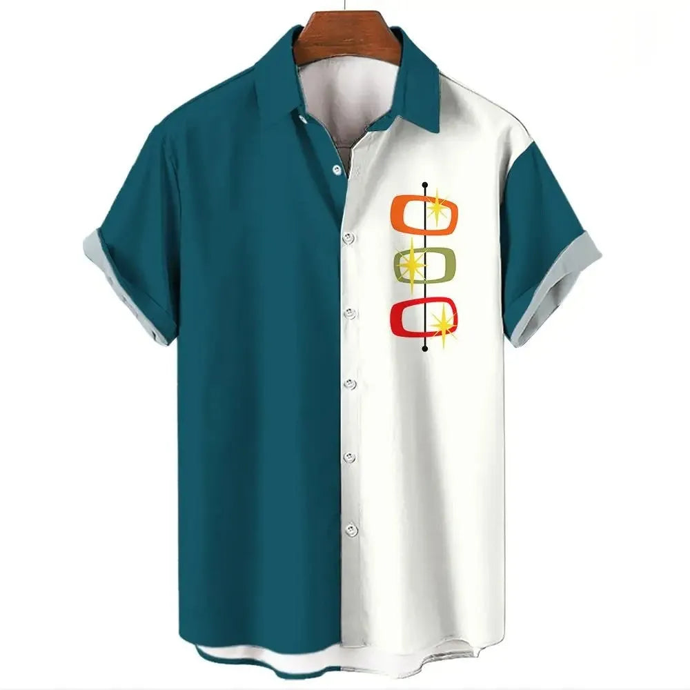 Men's striped Hawaiian short sleeve button-up shirt in a four-sided elastic fabric.