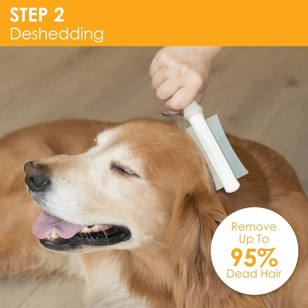 White double-sided pet grooming brush with curved comb and deshedding blades on ergonomic handle