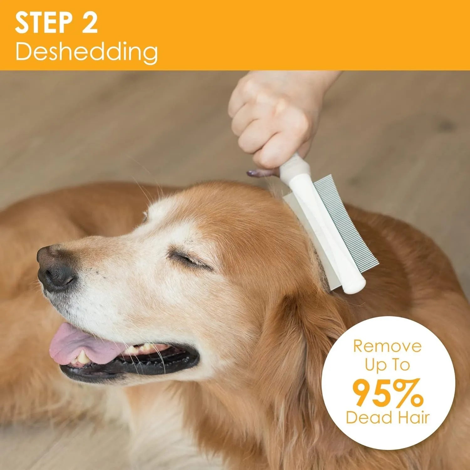 White double-sided pet grooming brush with curved comb and deshedding blades on ergonomic handle