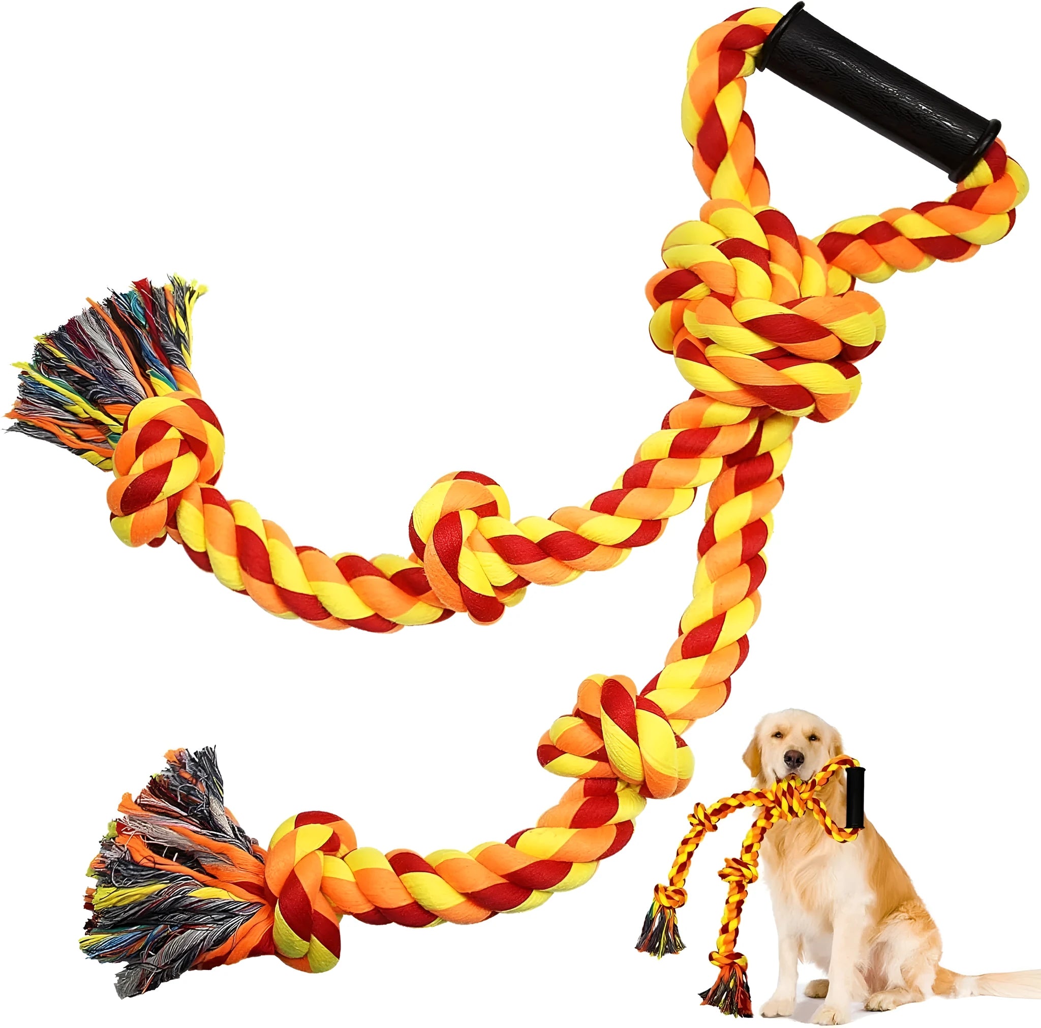 Blue and yellow cotton rope dog toy with a handle for tug-of-war