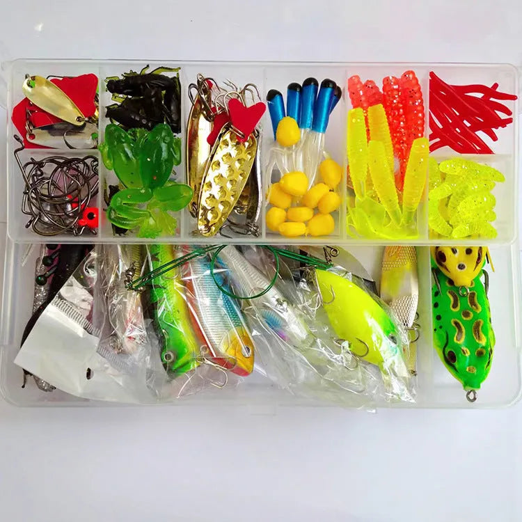 142-piece fishing lure kit with hard minnow lures, sequin lures, hooks, and metal pliers