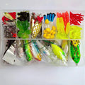 142-piece fishing lure kit with hard minnow lures, sequin lures, hooks, and metal pliers
