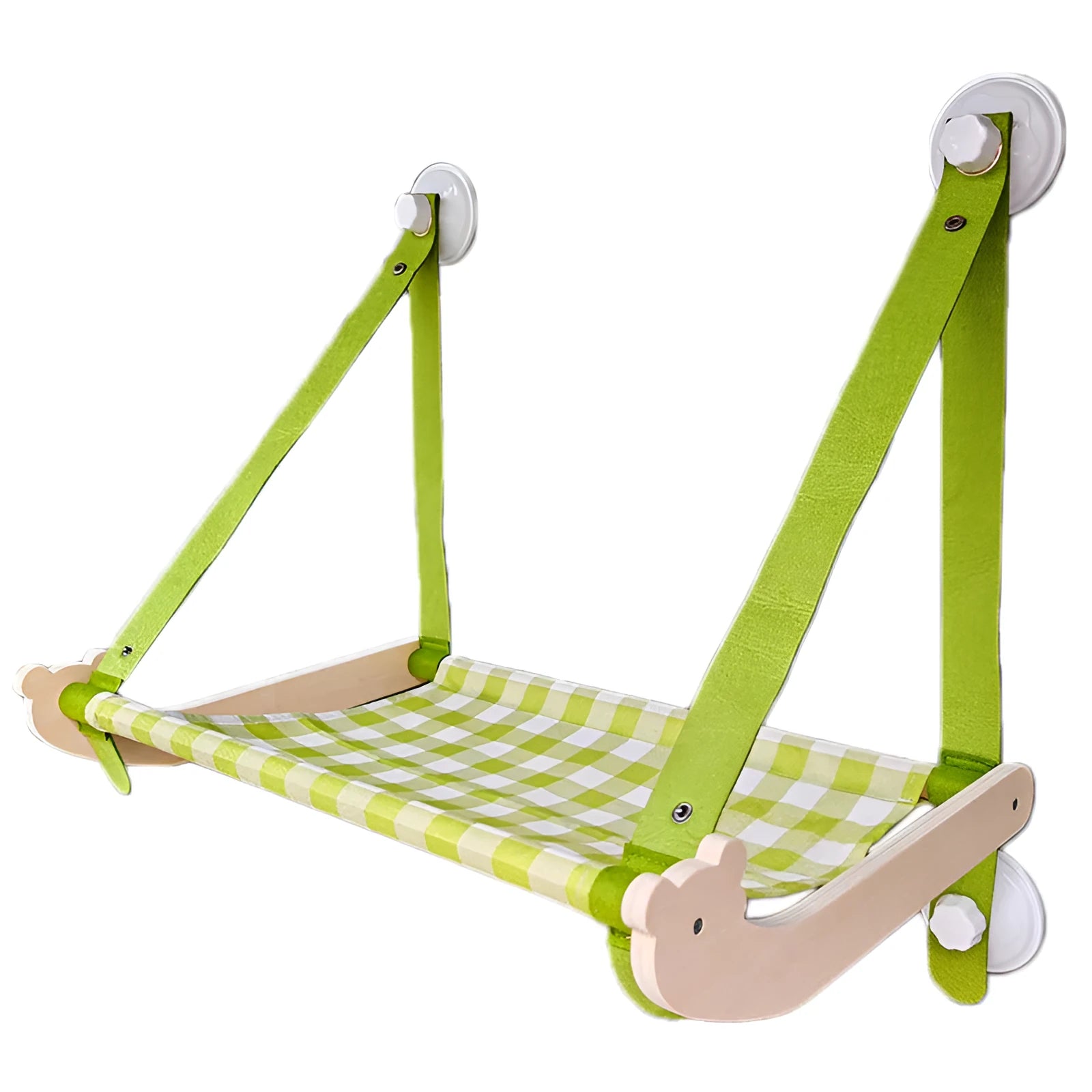 Wooden frame cat hammock with linen mat attached to a window via suction cups, shown in pink colour.