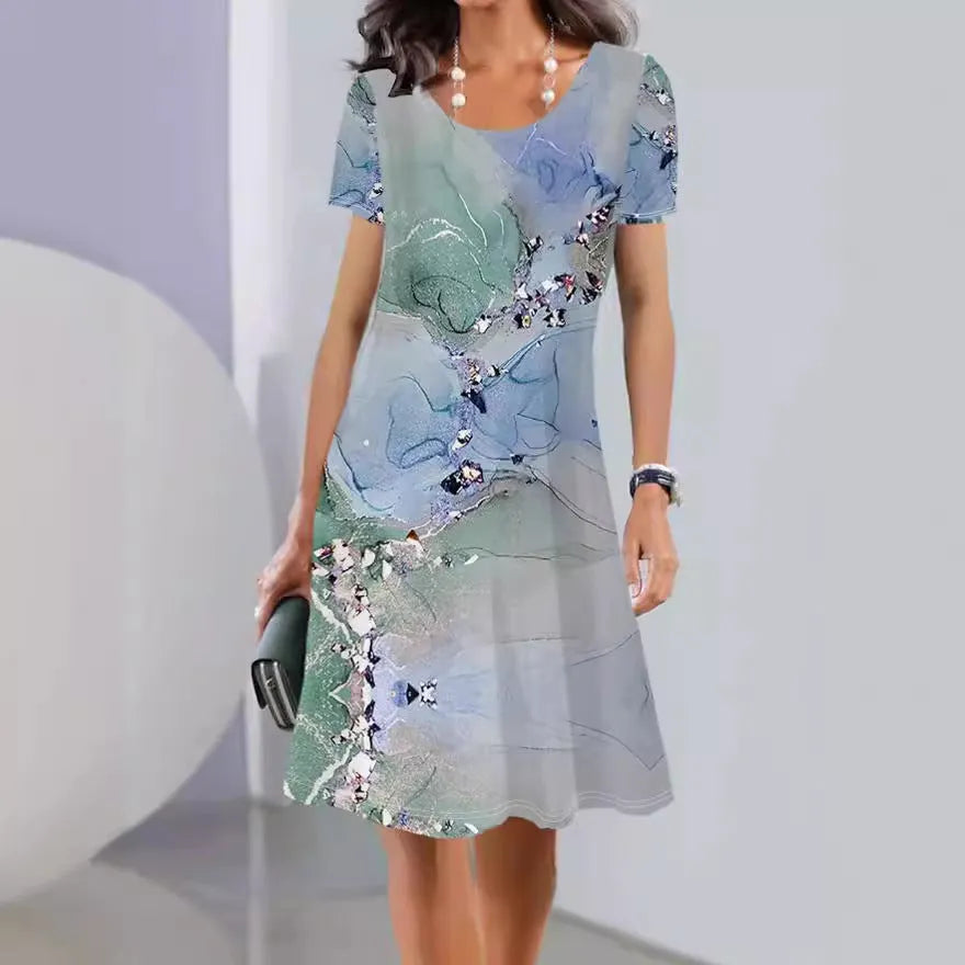 Ice silk floral print mid-length summer dress with round neck and short sleeves on mannequin