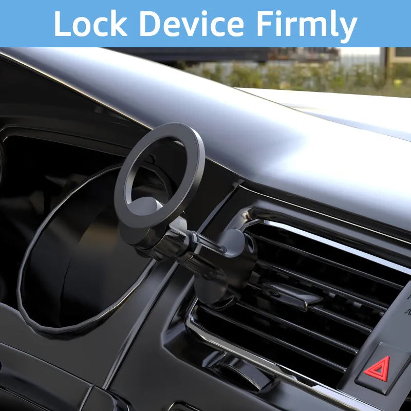 Black magnetic suction car air vent phone holder mounted on a vehicle vent.