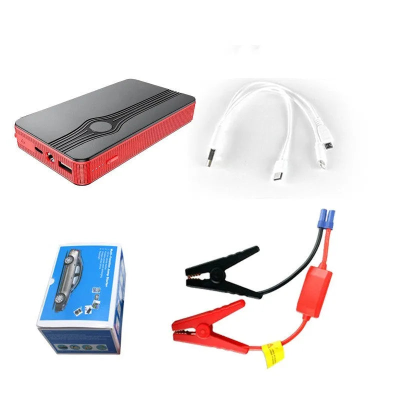 Red K4-E car jump starter and power bank showing its compact size and USB port.