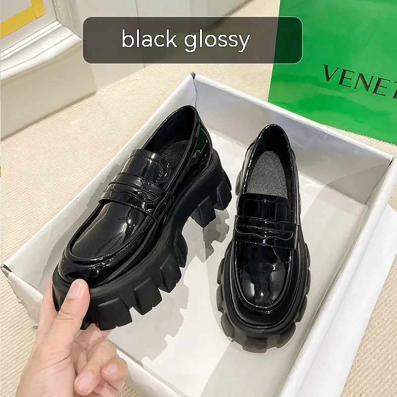 British style wide fat foot loafers in patent leather and matte finish options, showing rubber sole and slip-on design