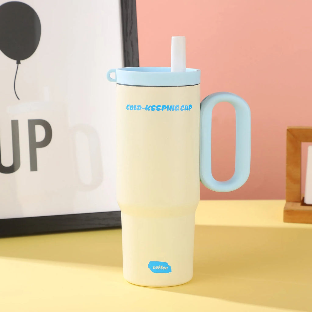 Portable plastic ice bucket with handle and large capacity, shown with a straw cup, for outdoor drink cooling.