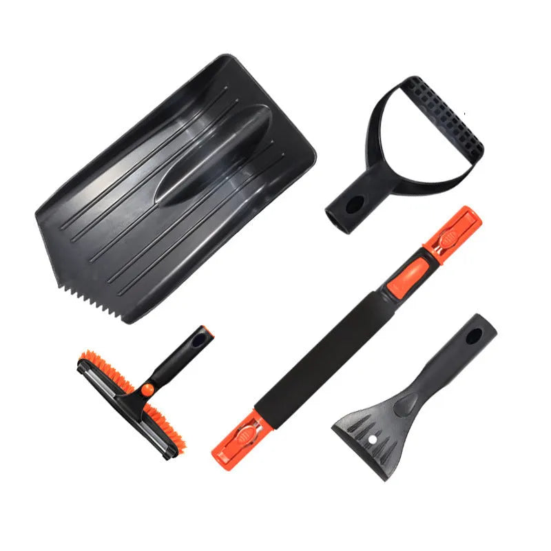 Car snow plough shovel set with ice and snow brush, telescopic rod, handle, winter snow shovel head, and plastic shovel