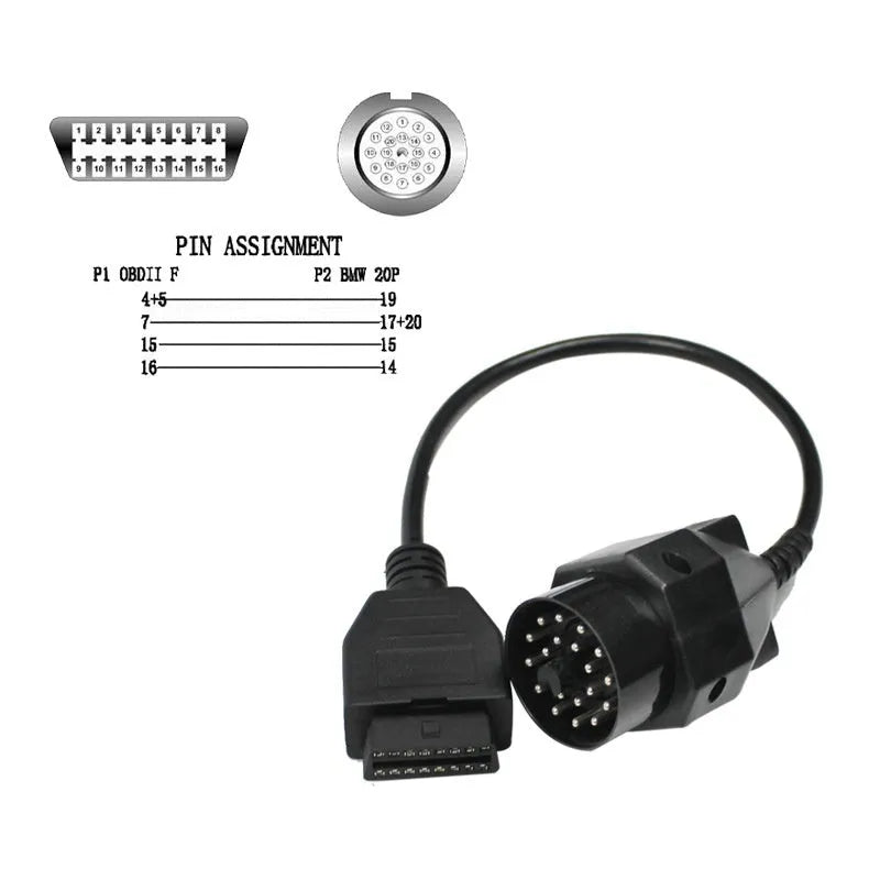 BMW OBD2 diagnostic adapter cable showing 20-pin and 16-pin connectors