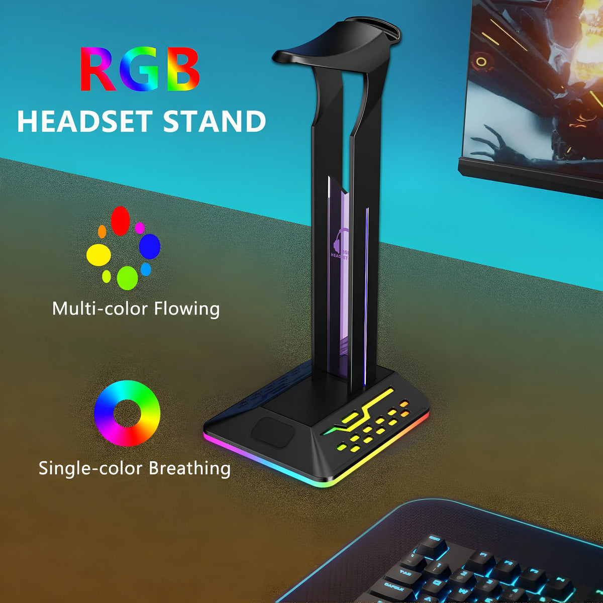 RGB headset bracket with dual USB ports and colour-changing LED lighting on a desk