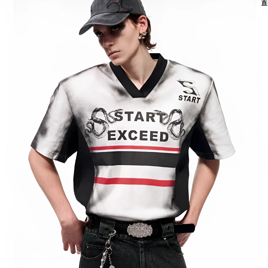 Korean-style women's V-neck short sleeve top with padded shoulders and a black and white letter snake pattern print.