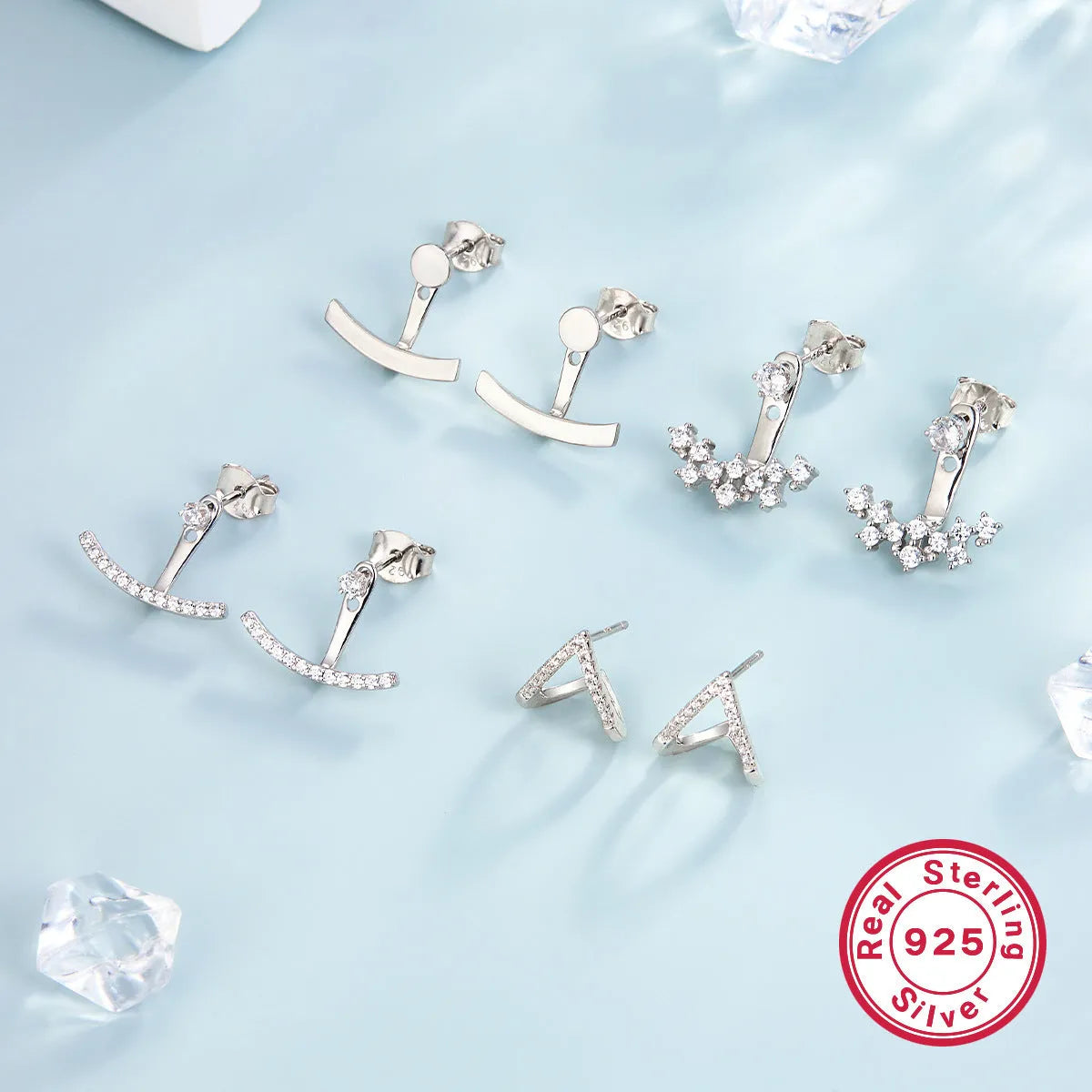 925 silver smile earrings with U-shaped geometric shape and diamond-embedded gang drill detail in four styles