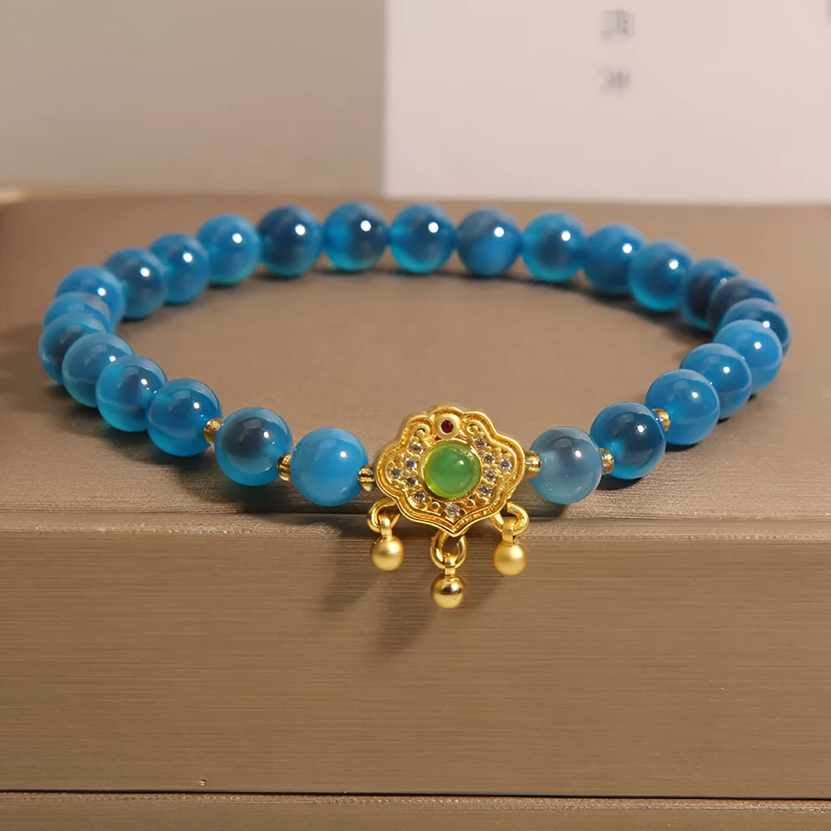 Women's blue sugar heart agate crystal pendant bracelet with safety lock clasp and rhinestone decorative elements