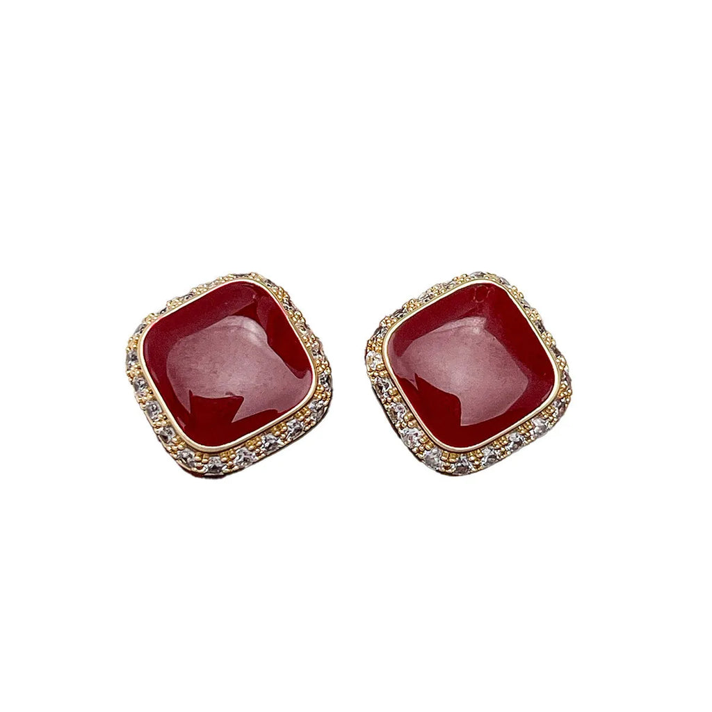 Red square geometric alloy earrings with retro style and simple inlaid design