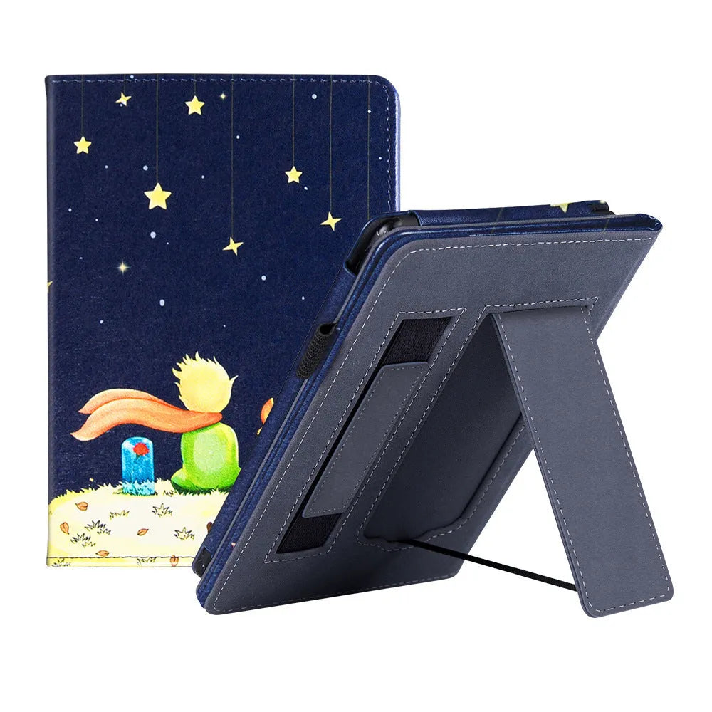 Kindle Paperwhite leather case with wrist splint bracket attached, showing calf leather exterior and microfiber interior