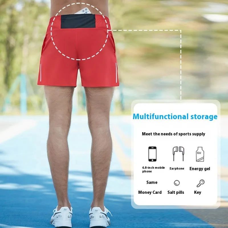 Men's red off-road running shorts with a high waist and loose fit, shown for athletic use.