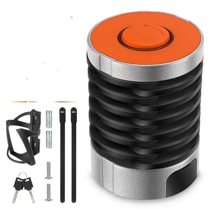 Black folding bicycle lock with zinc alloy and steel construction in compact folded position