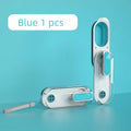 Portable blue pet water bottle with foldable silicone drinking bowl and carabiner clip for dogs and cats
