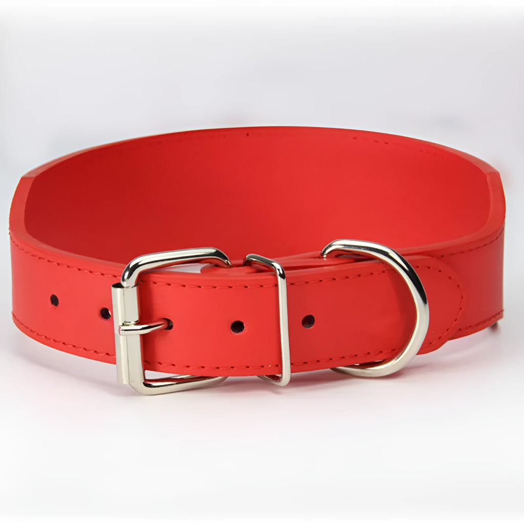 Fish-shaped leather dog collar for large dogs, 5cm wide, in red blue black pink or brown, sizes L to 3XL