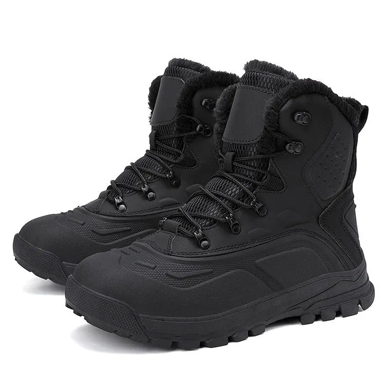 Men's black high-top lace-up boots with fleece lining, flat heel, and ribbed sole.