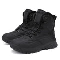 Men's black high-top lace-up boots with fleece lining, flat heel, and ribbed sole.