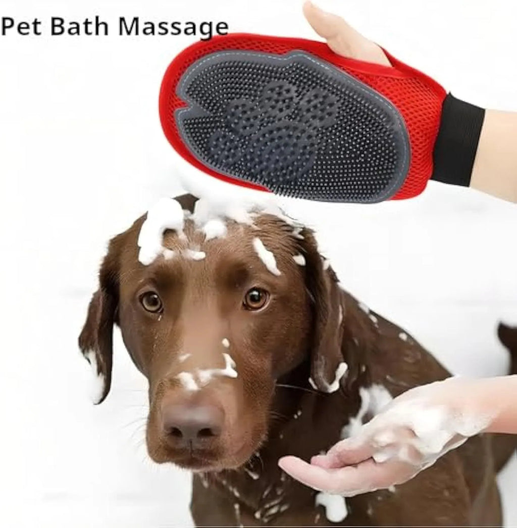 Red pet bathing glove with integrated cleaning brush for dog or cat grooming