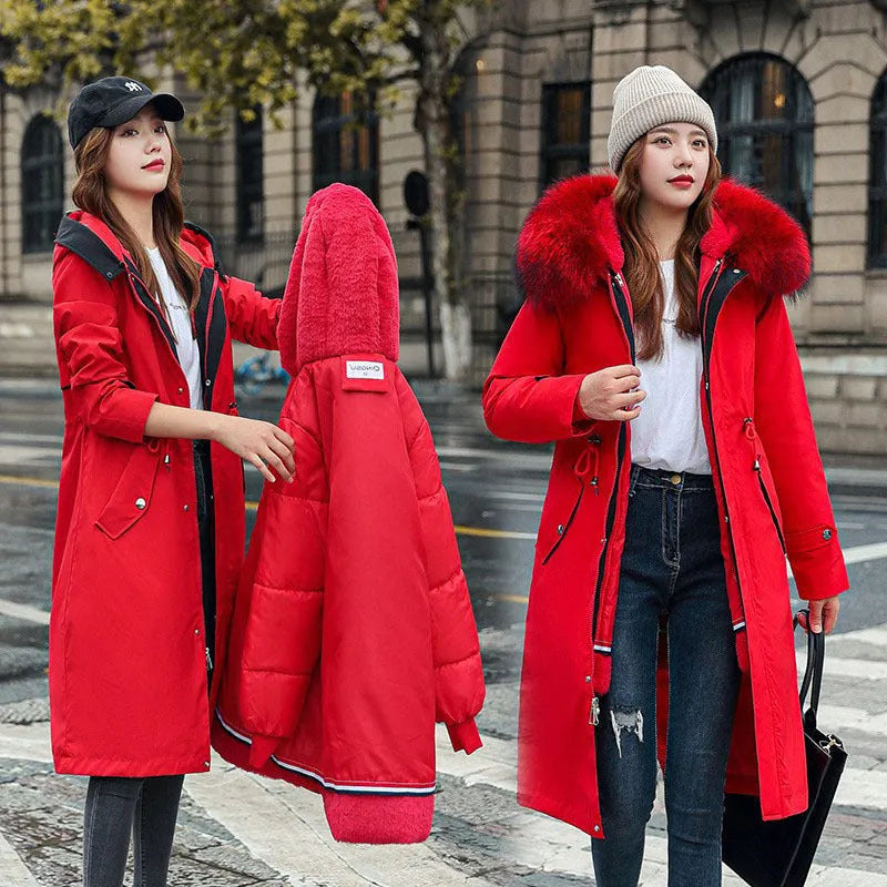 Women's long white trench coat with fleece detailing and a 100cm lengthened fit.