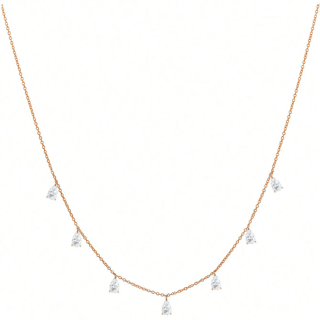 Gentle drop-shaped artificial zircon necklace on a silver O-chain, showing silver, rose gold, and golden yellow colour options.
