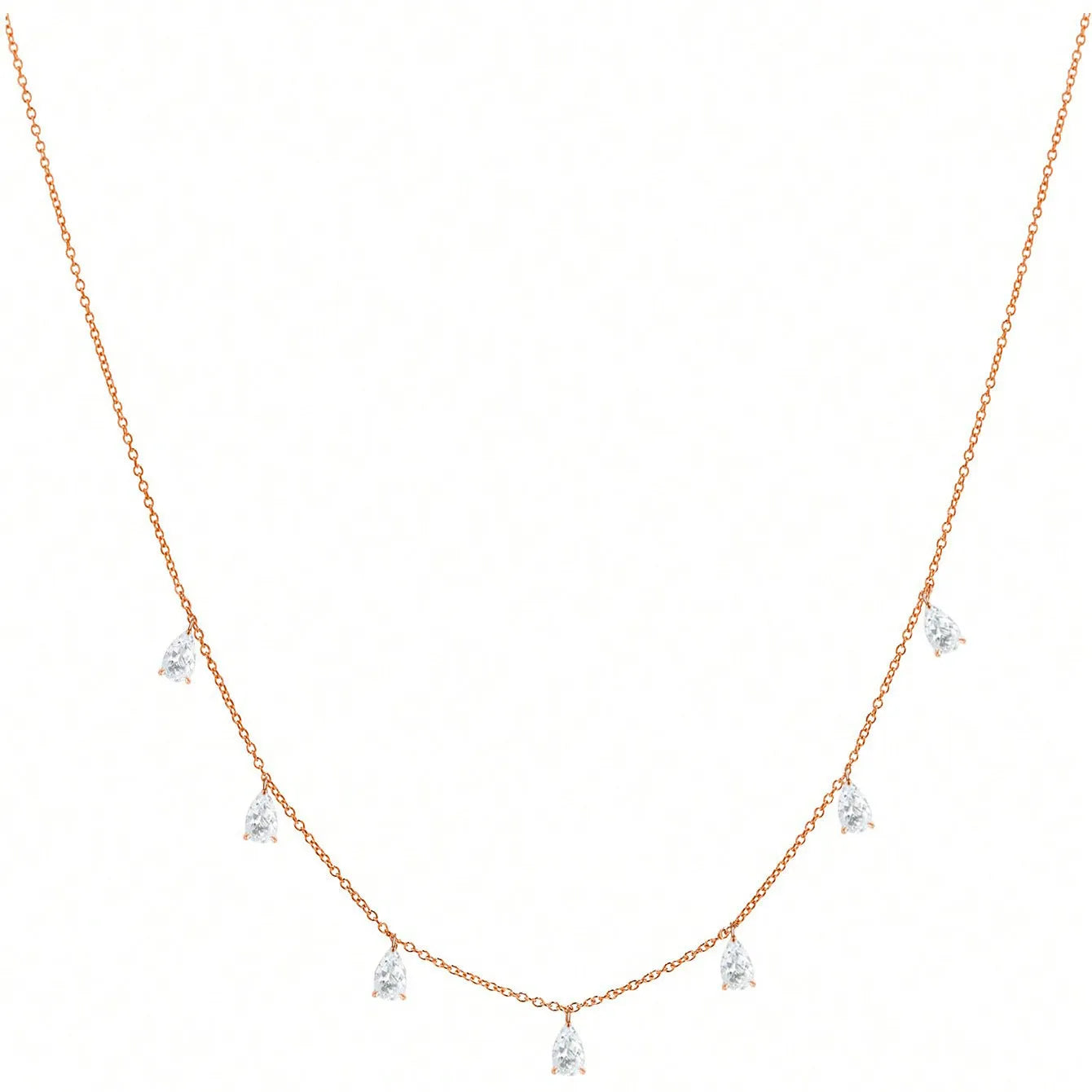 Gentle drop-shaped artificial zircon necklace on a silver O-chain, showing silver, rose gold, and golden yellow colour options.