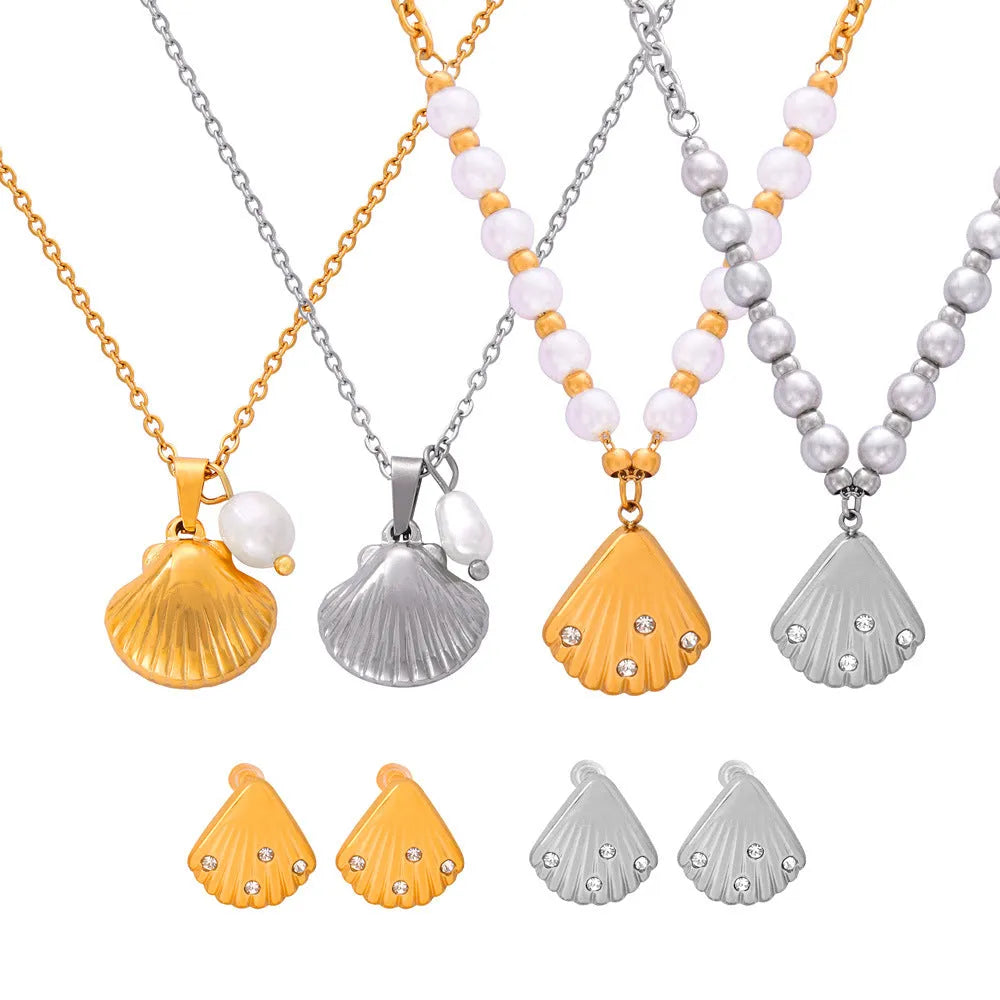 Women's titanium steel freshwater pearl necklace with vintage French shell pendant on O-shaped chain