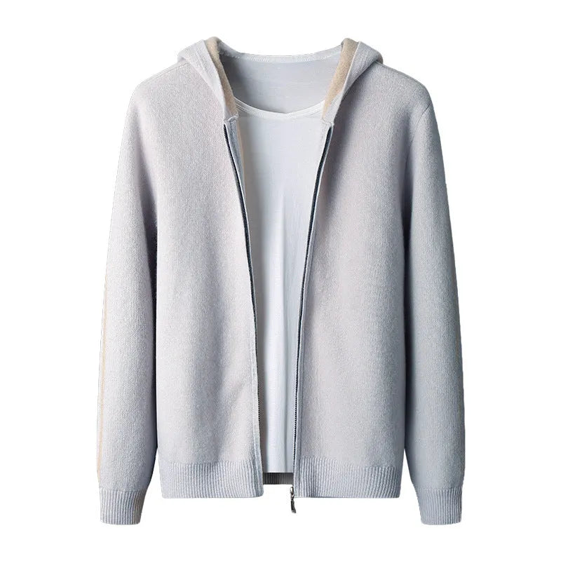 Men's dark blue cashmere zip-front cardigan sweater with half-high collar