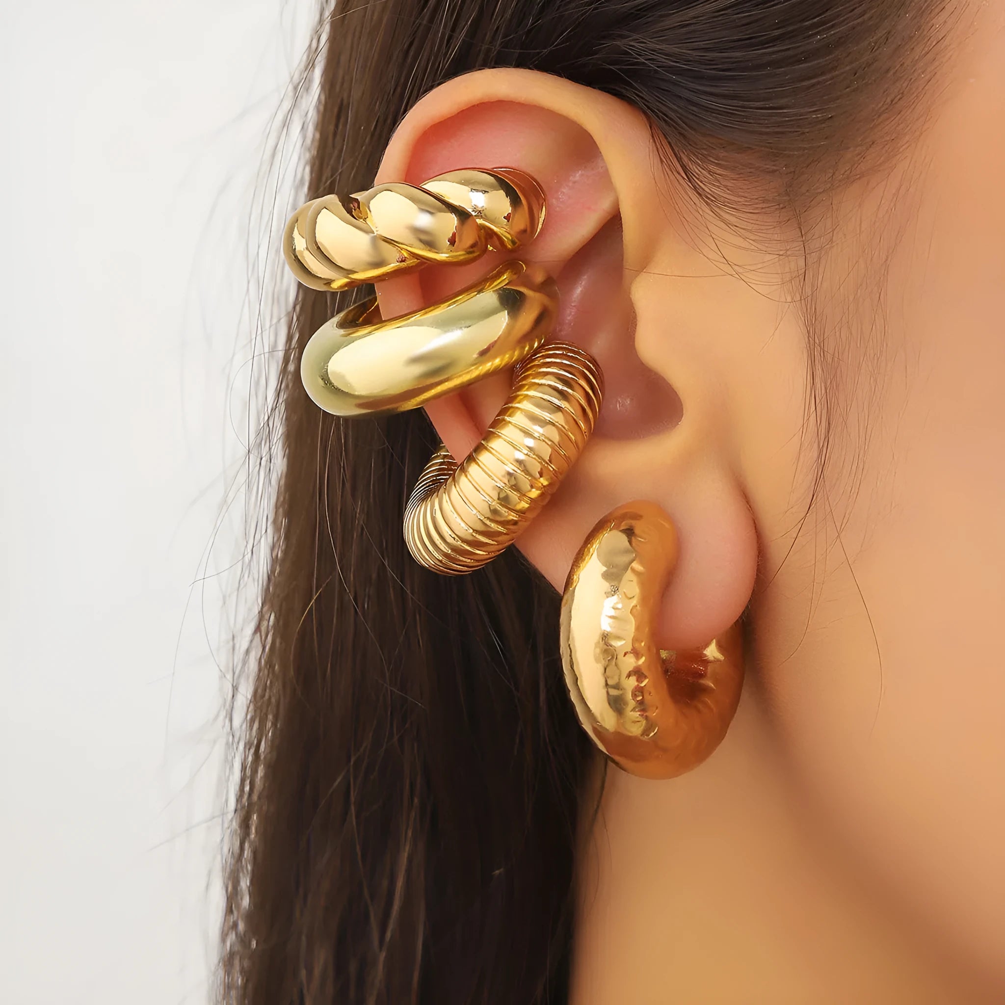 Gold and silver geometric clip-on earrings set for women with non-pierced design