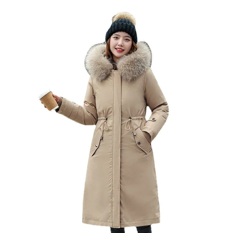Women's long white trench coat with fleece detailing and a 100cm lengthened fit.