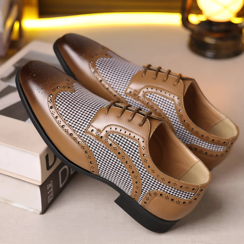 Men's black houndstooth patterned canvas lace-up shoes with a square toe and rubber sole.