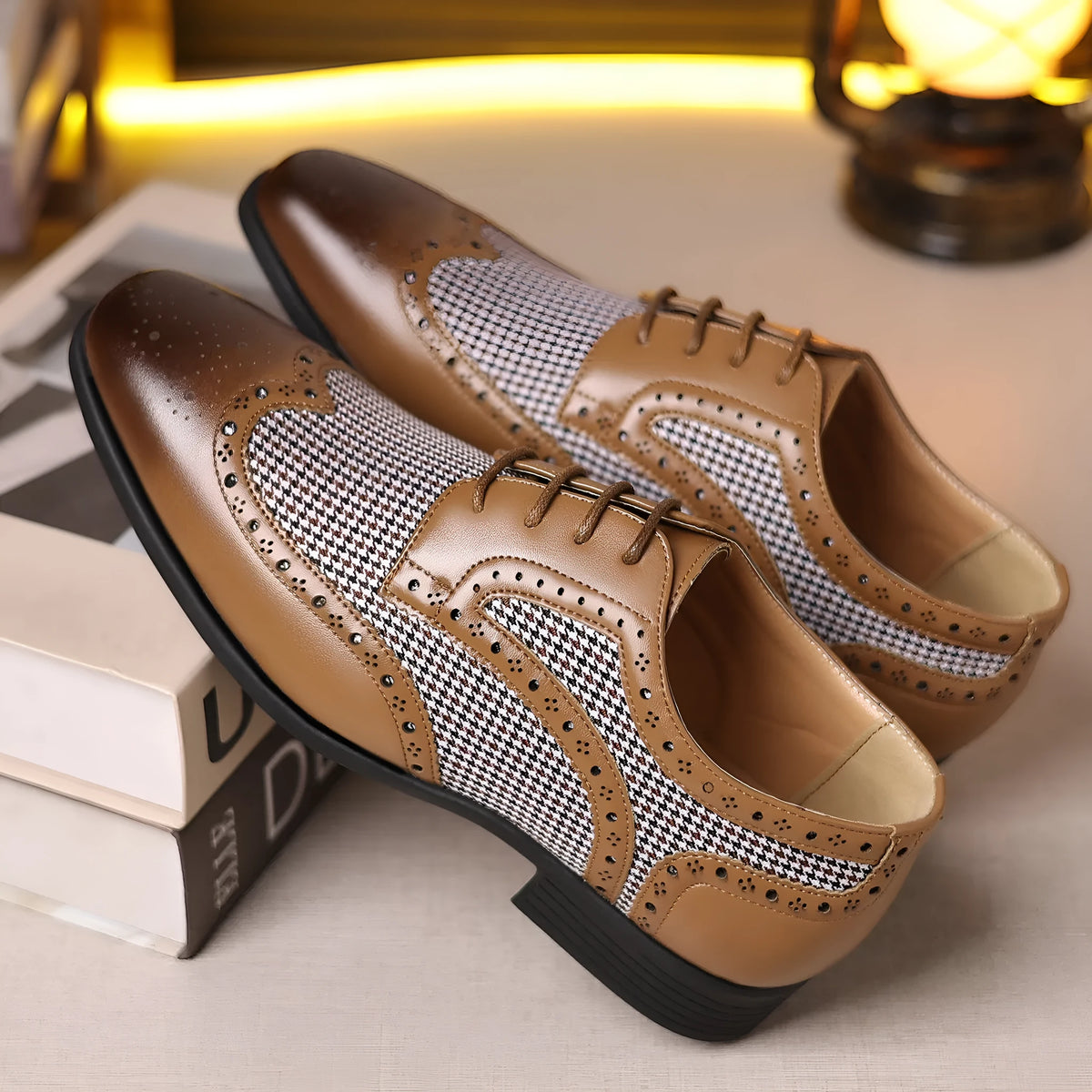 Men's black houndstooth patterned canvas lace-up shoes with a square toe and rubber sole.