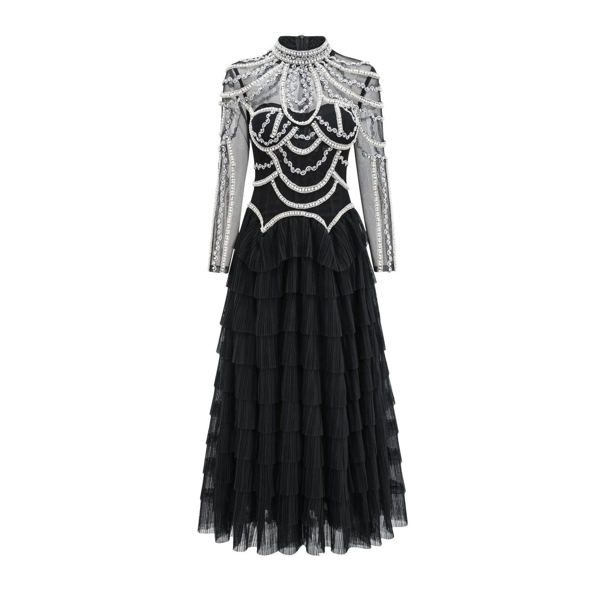 Women's long sleeve beaded dress in polyester fabric with mid waist design