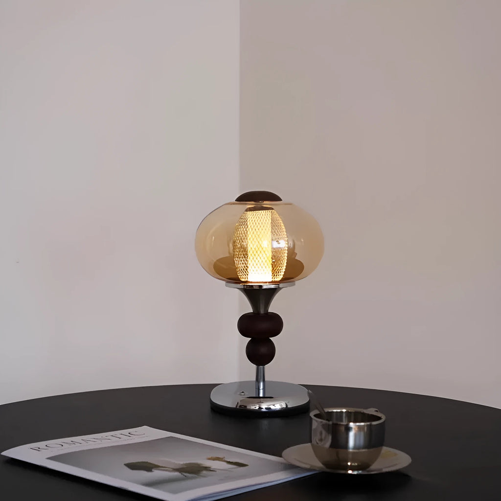 Wooden rechargeable table lamp with touch switch and three-colour dimmable light