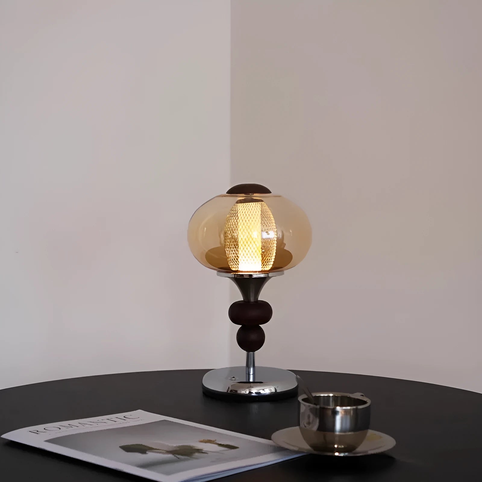 Wooden rechargeable table lamp with touch switch and three-colour dimmable light