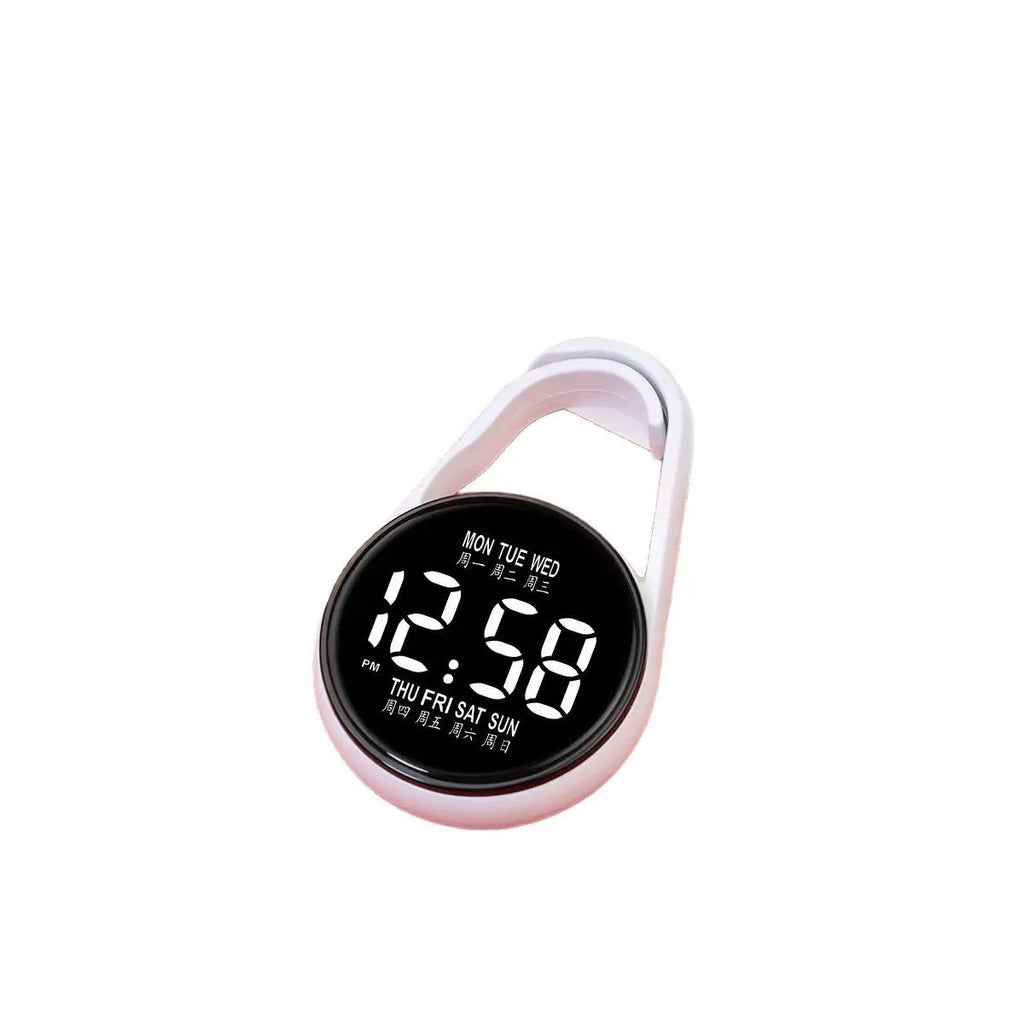 LED luminous electronic digital watch with plastic strap, shown in one of ten available colours on a wrist.