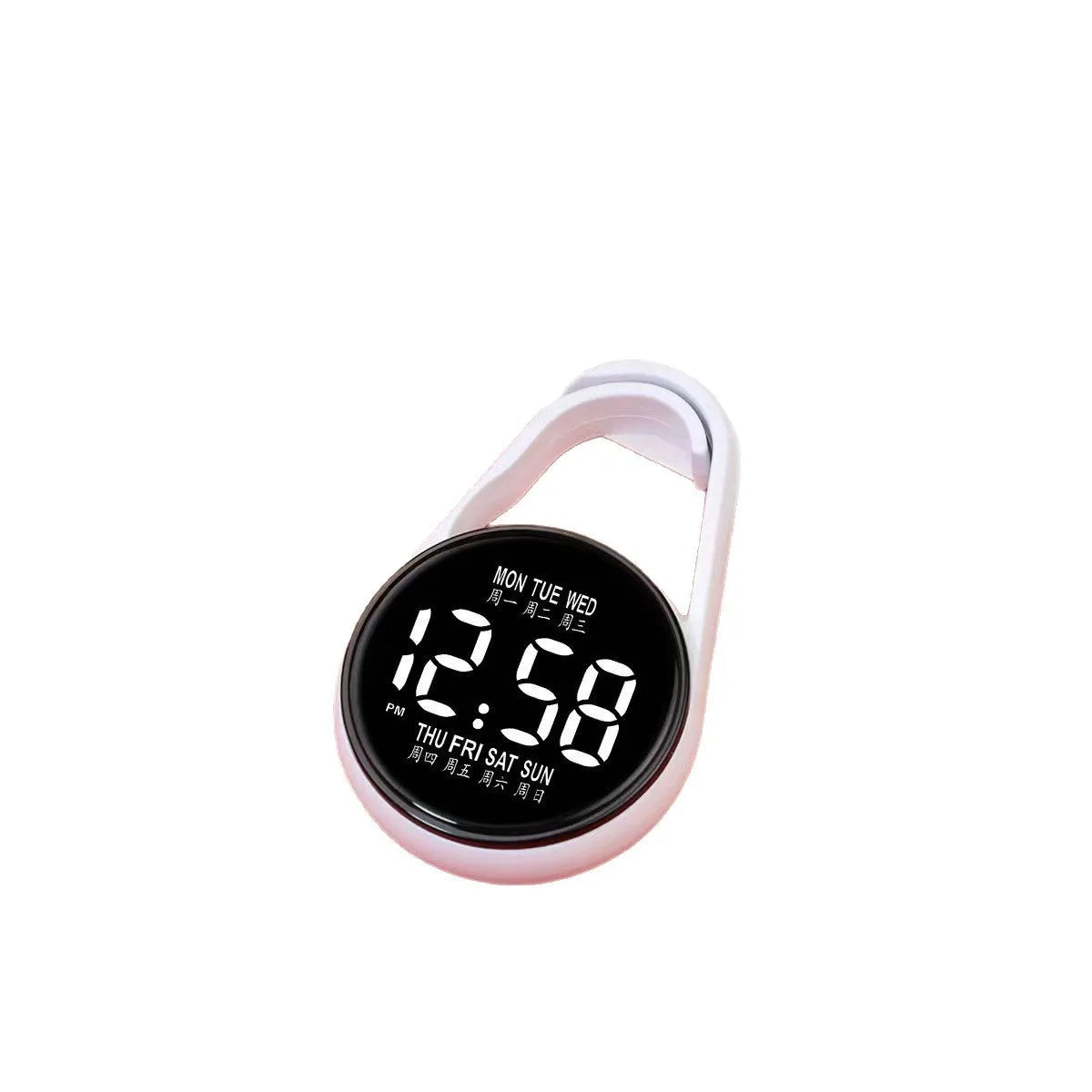 LED luminous electronic digital watch with plastic strap, shown in one of ten available colours on a wrist.