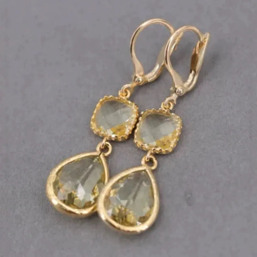 Gold geometric retro earrings with long crystal fringe and water droplet elements