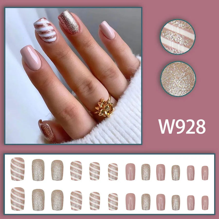 Champagne light white false nails with floral pattern, twill finish, mid-length wearable armour, and glue