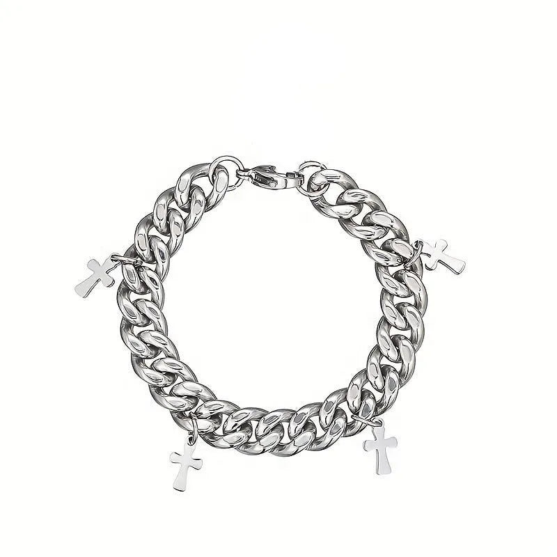 Men's titanium steel bracelet with a cross design and geometric shape on a wrist.